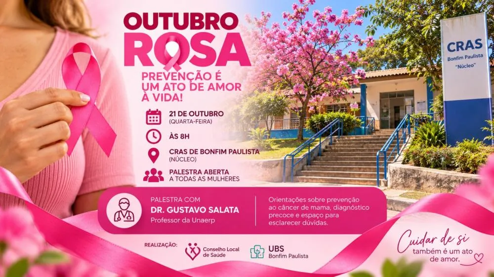 Outubro Rosa em Bonfim Paulista: palestra gratuita sobre prevenção ao câncer de mama acontece nesta quarta-feira (21)